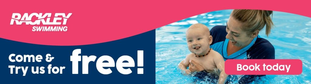 Lady holding baby in water, try swimming for free!